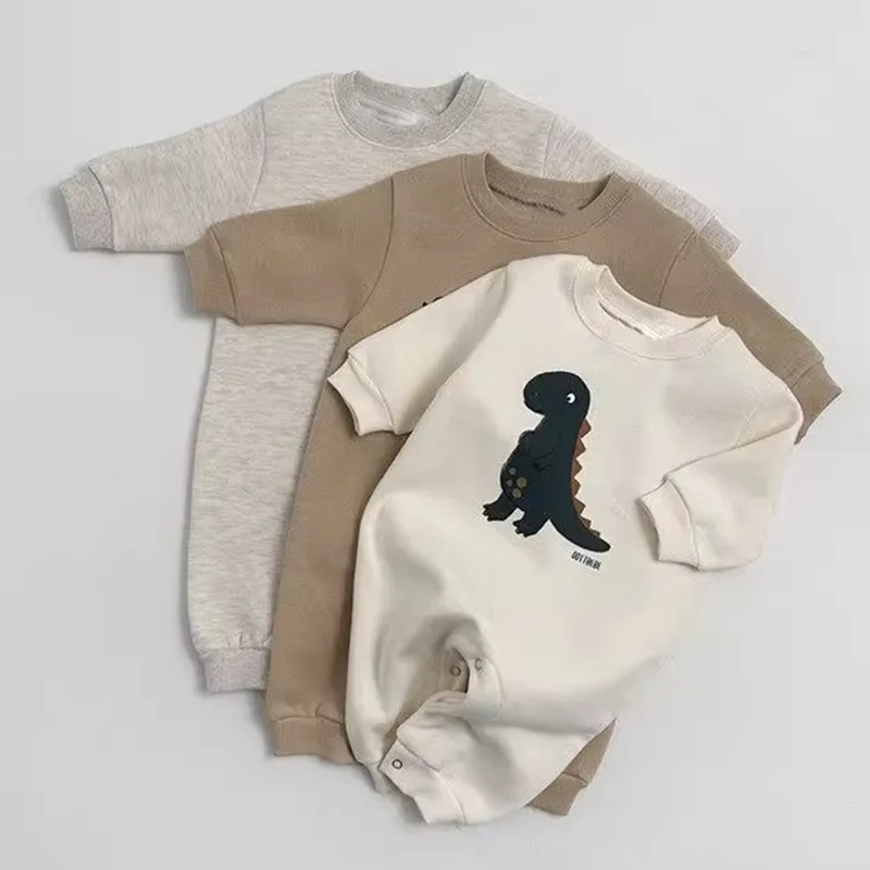 2026 New Cute Dinosaur Print Newborn Long Sleeve Fleece Jumpsuit For Boy Girl Toddler Thick Clothes Winter New Baby Warm Romper