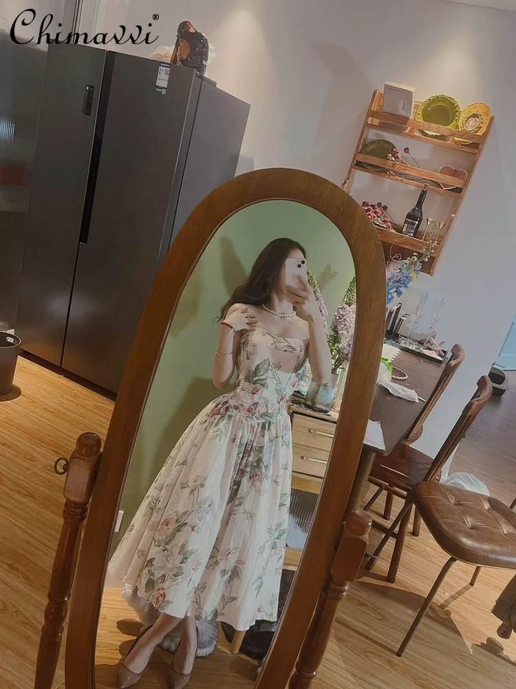 

Summer 2024 French Style Retro Printed Off-the-Shoulder Sleeveless Backless High Waist A- Line Sexy Strapless Dress for Women