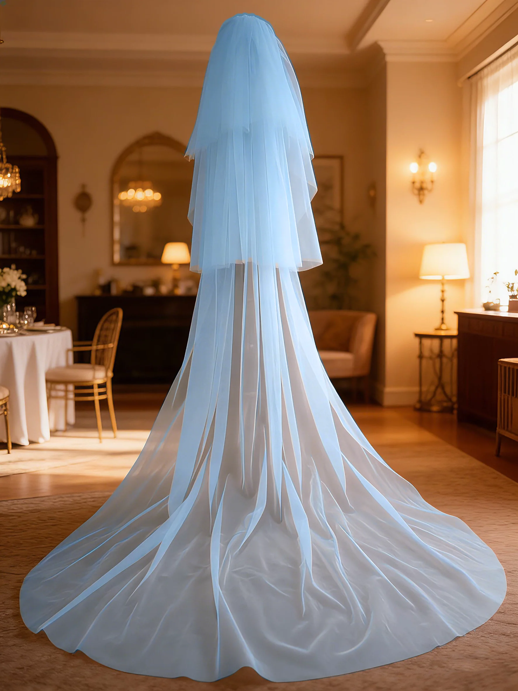 Mingli Tengda Light Blue Three-layer Fuffy Trailing Veil for Bride Wedding Photos Headwear Wedding Styling Long Accessories