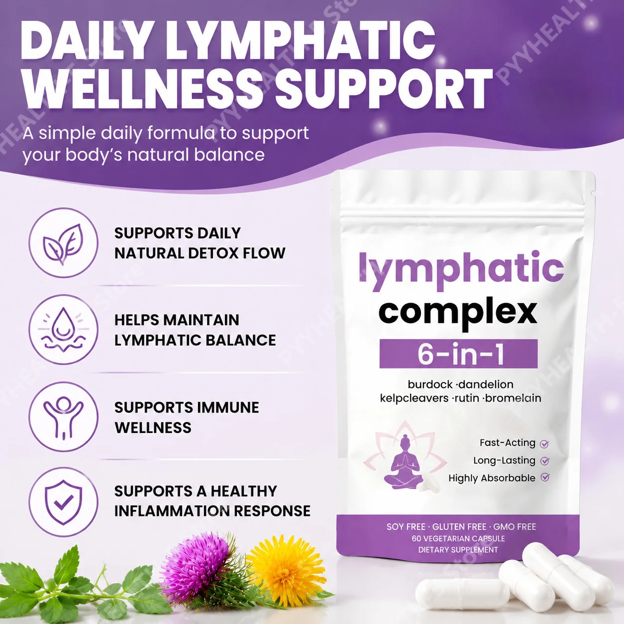 6‑in‑1 Lymphatic Complex Capsule Burdock Dandelion Kelp Bromelain Blend Lymphatic Drainage Support Herbal Supplement 60 Capsules