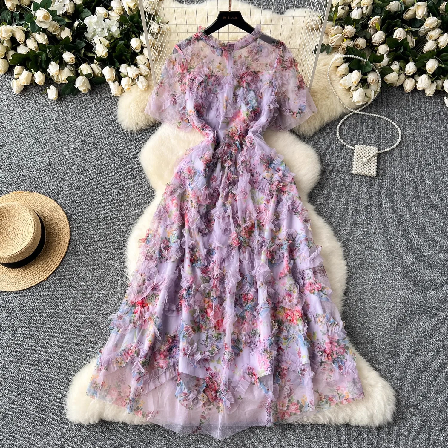 

French Lantern Sleeve Mesh Print Cascading Ruffles Vacation Ball Gown Dress For Women 2024 Luxury Designer Summer Runway Elegant