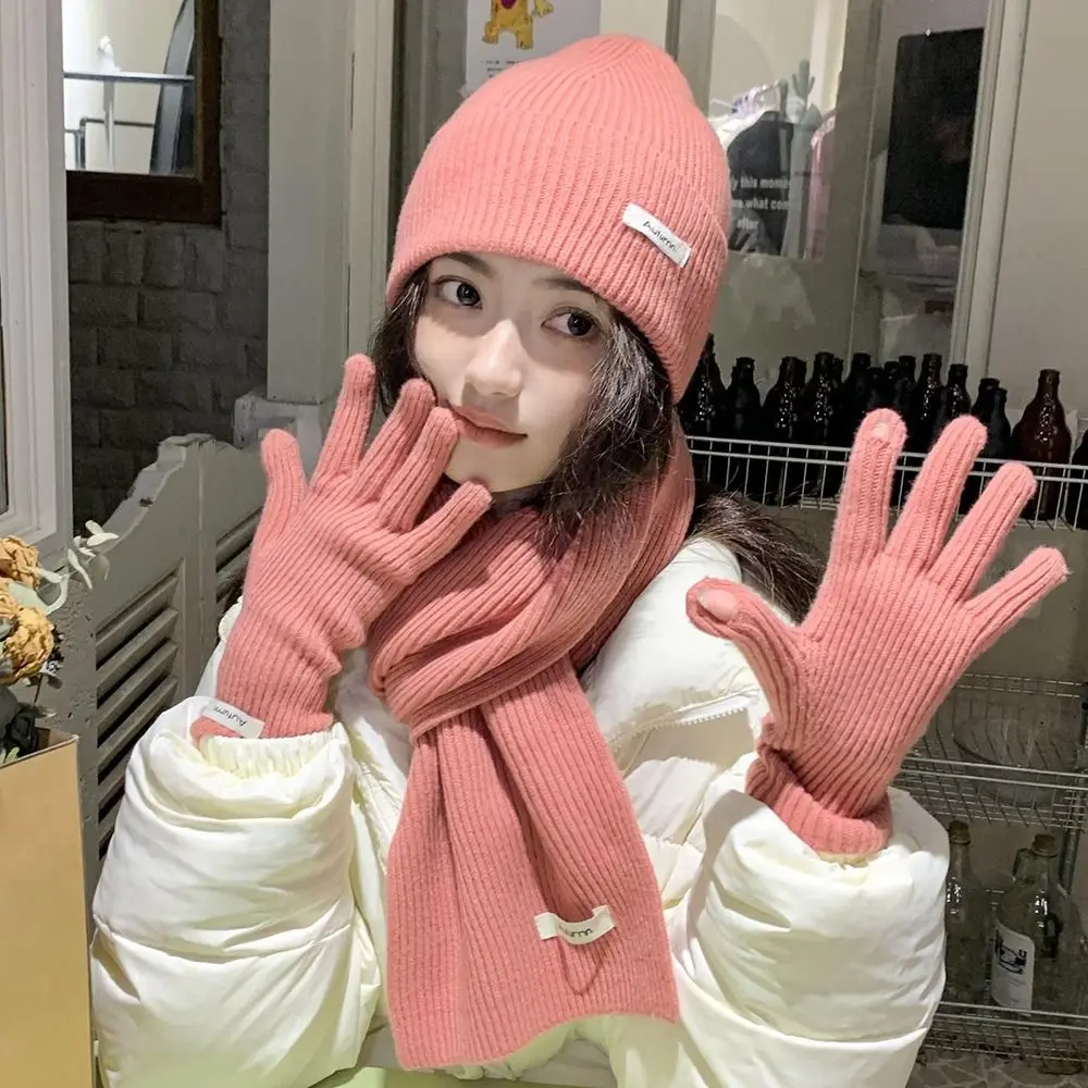 Neck Protector Solid Color Hat Scarf Gloves Set Warm Wool Thermal Knit Cap Thickened Fashion Winter Beanie Hat Cold Weather
