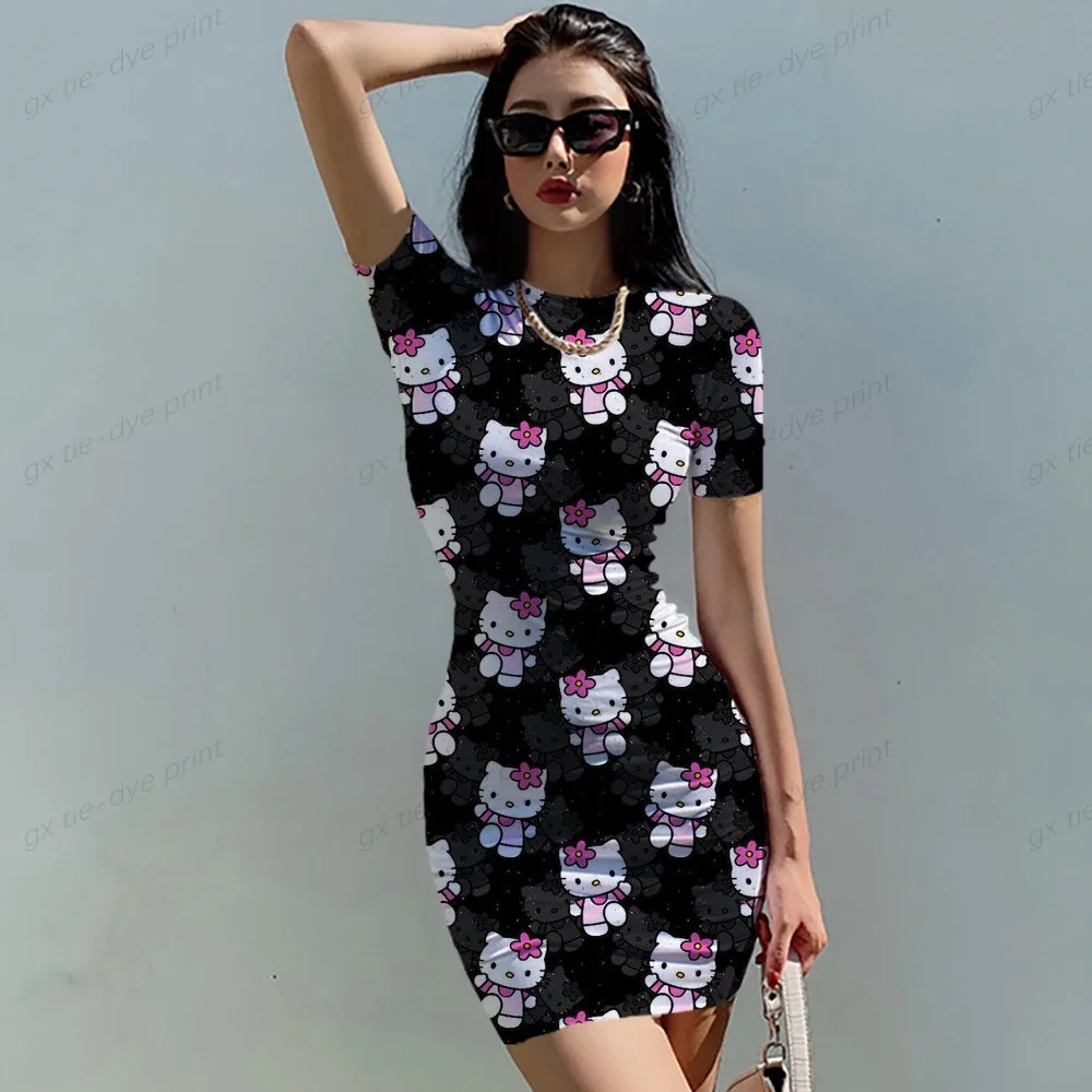 Hello Kitty Print Mini fur s for Women, Drum Con, Short Sleeve, Xmas Party fur ses, Summer Sexy