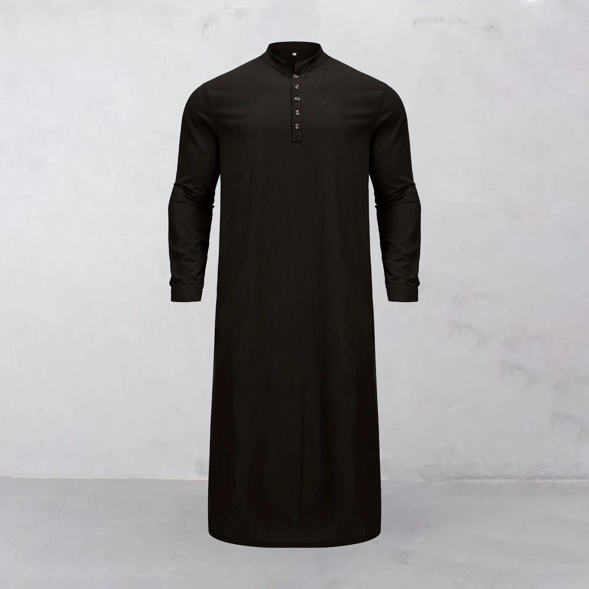 Long Sleeved Middle Eastern Men's Robe Muslim Solid Pattern Polyester Embroidered Stand Collar Arabic Loose Fit Ethnic Bandana