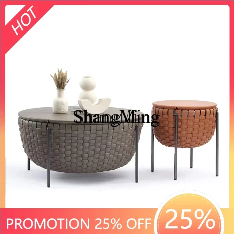 CLL coffee table light luxury saddle leather woven round stainless steel storage coffee table