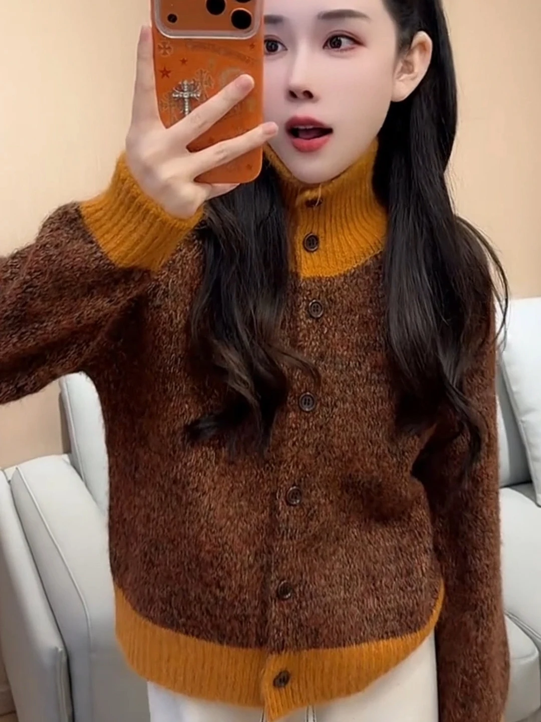 Retro Mixed Color Stand Collar Open Cardigan Sweater Women's Spring Autumn Lazy Style Loose Soft Pumpkin Orange Knitted Outer...