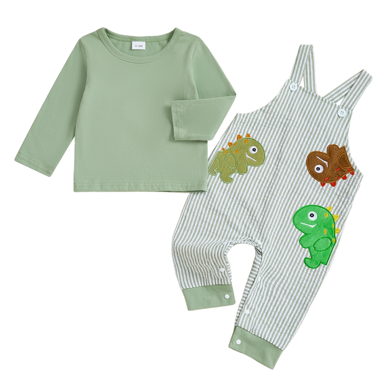 

Baby Fall Outfit Solid Color Long Sleeve Tops Dinosaur Embroidered Striped Overalls 2 Piece Set