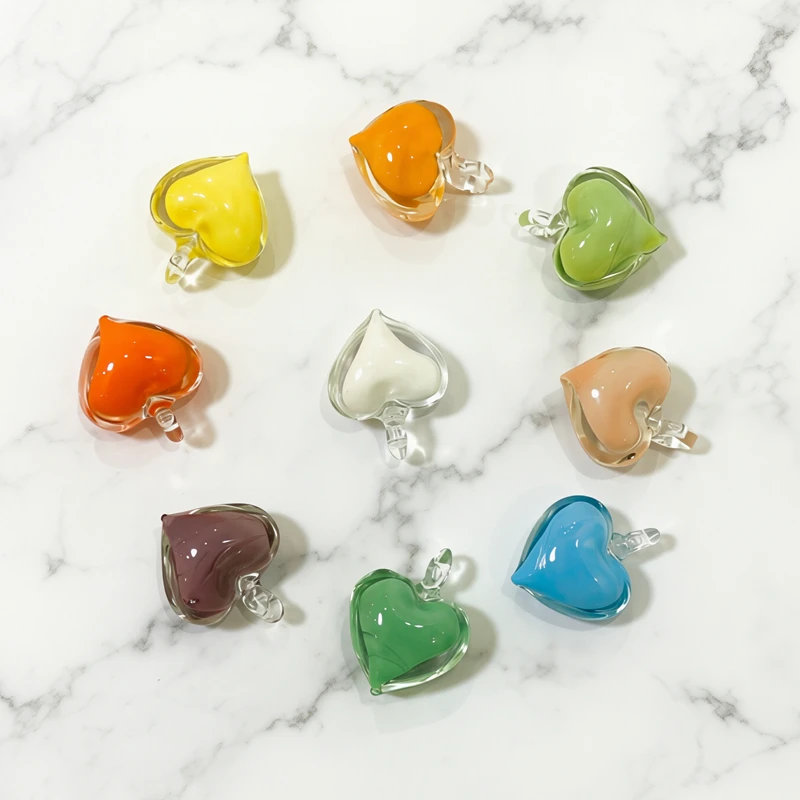 Ins Colorful Cute Heart Shape Glass Bead Pendant Dopamine Mini Love Charm DIY Craft Jewelry Making Accessory For Handmade Lovers