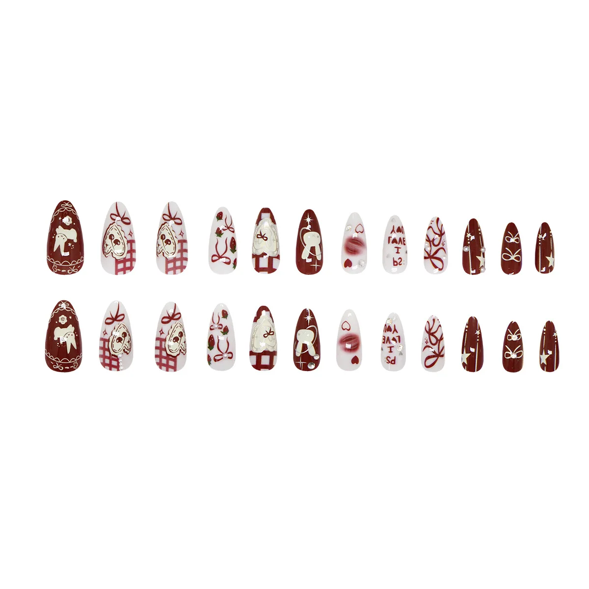 24 Stück lange Mandel-Nägel zum Aufdrücken – weiße Hasen mit roten Schleifen, Herz-Strasssteinen, Perlen und rosa und weiß kariertem Muster