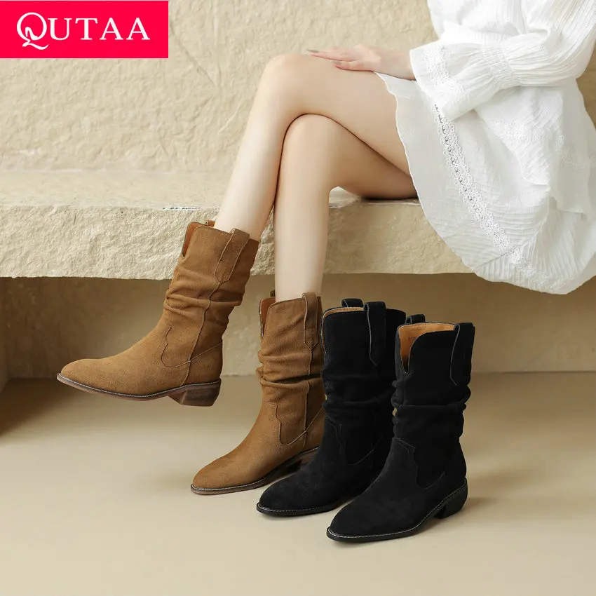 

QUTAA 2024 Thick Med Heels Women Mid Calf Boots Cow Suede Leather Retro Casual Office Lady Shoes Woman Autumn Winter Size 34-40