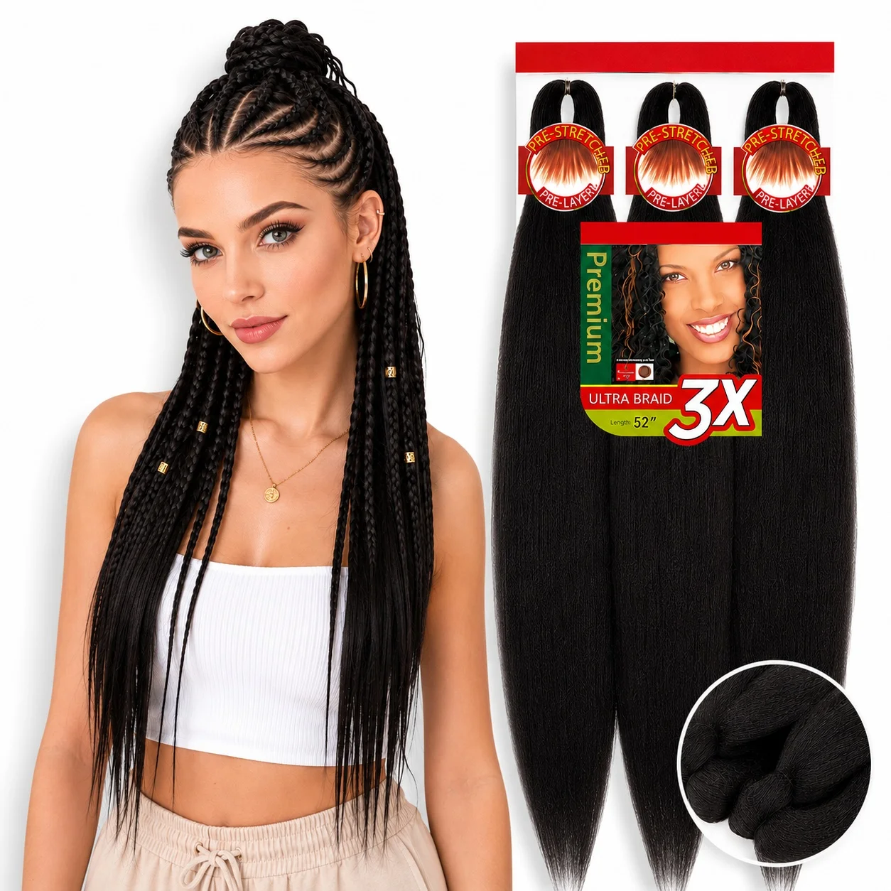 3 Packs Pre Stretched Braiding Hair Low Temperature Flame Retardant Synthetic Yaki Texture Hair Extensions for Women Styling