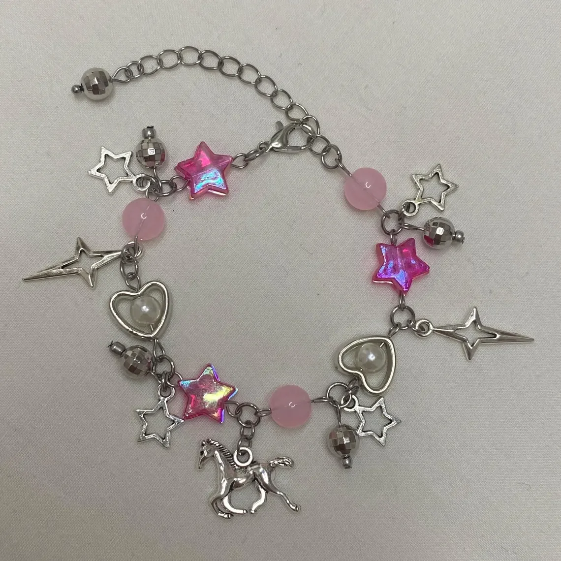 beaded charm bracelet adjustable chappell roan 'pink pony club' pink and pearl handmade - 'rosalind'