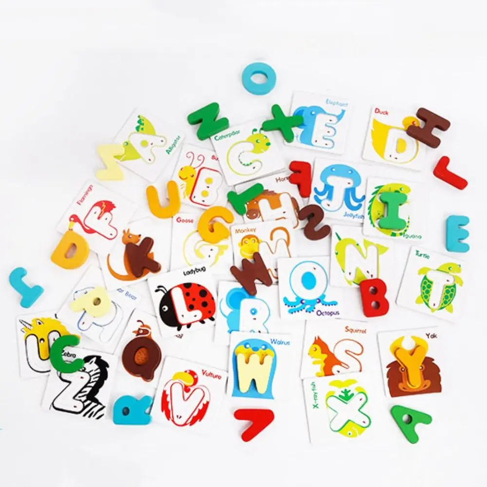 26 lettres anglaises colorées en bois, motif de carte Flash, Alphabet anglais Double face, jeu de Puzzle Portable