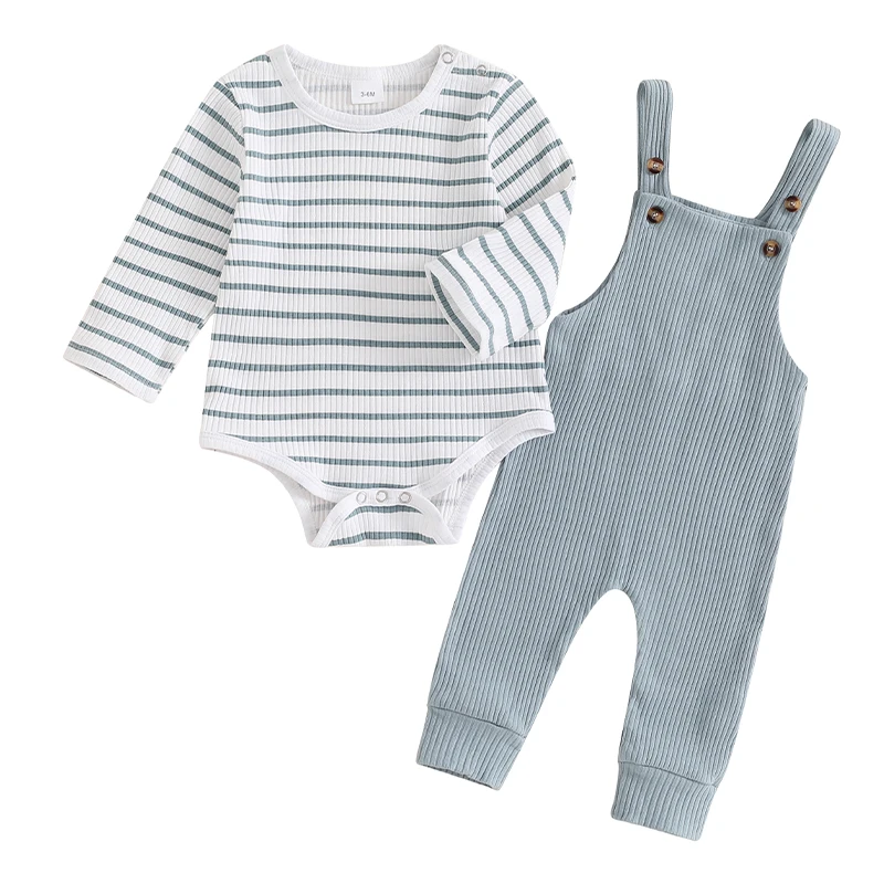 

Baby Boys Girls Fall Outfits Long Sleeve Stripes Print Romper Overalls Set Infant Clothes