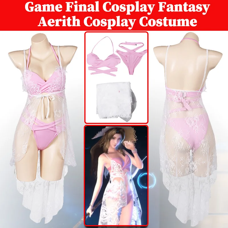 Aerith Swimsuit Cosplay FF7 Rebirth Costume Anime Game Final Cosplay Fantasy Swimwear Sexy Bikini Summer Beach Suit Costume