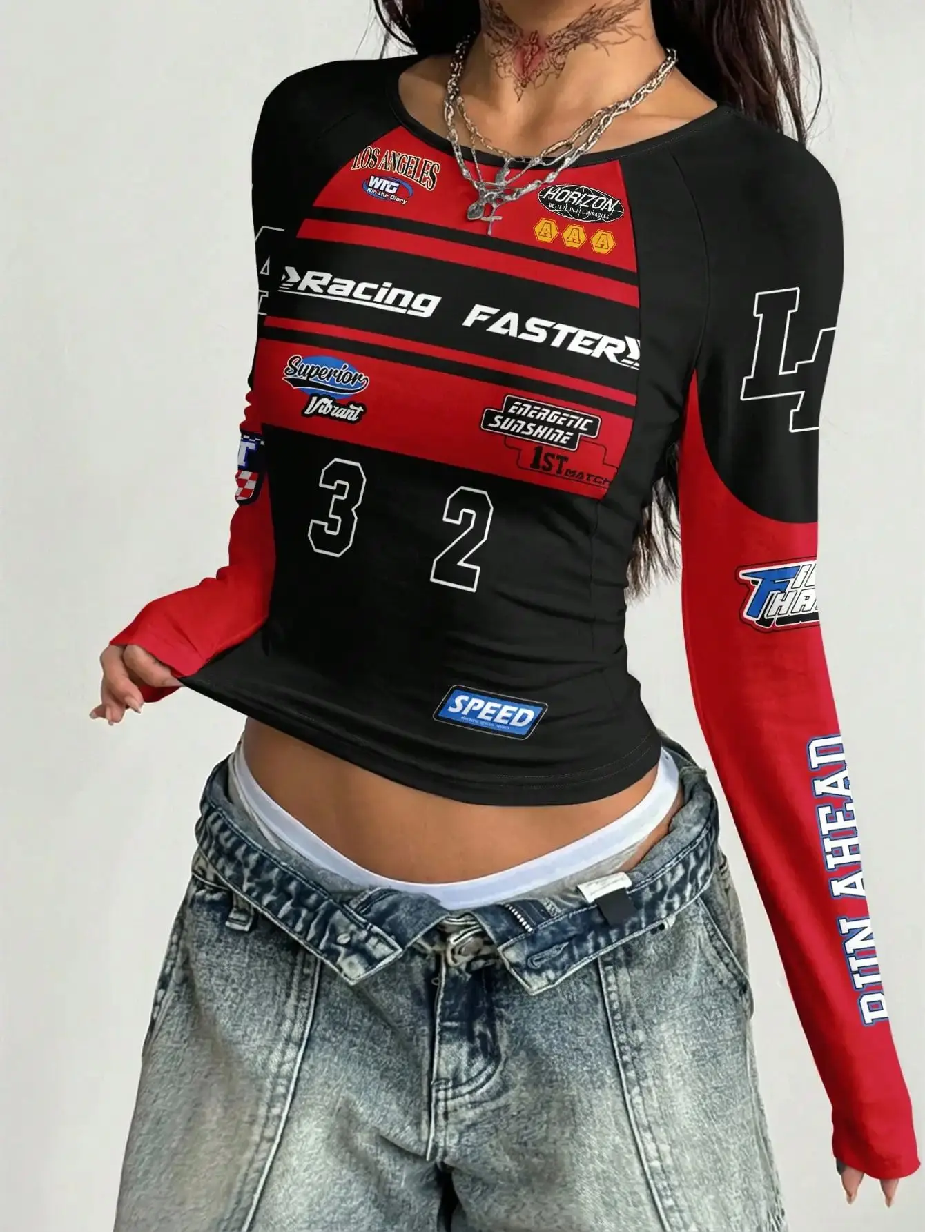 Women's Black and Red Racing Motorcycle Pattern Printed Shoulder Sleeves T-shirt Street Wear City Casual Digital Top Street Wear