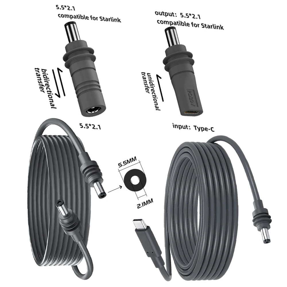 Adapter USB C 20V/5A 100W PD na DC z wtyczką typu C na wtyczkę DC5.5x2.1mm Wodoodporny kabel zasilający DC do SpaceX Starlink Mini