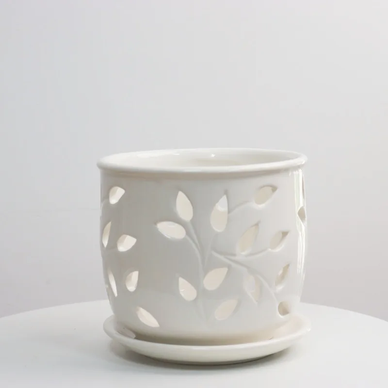 

Plant silk preserved white artificial vase ceramic orchid pot with drain hole