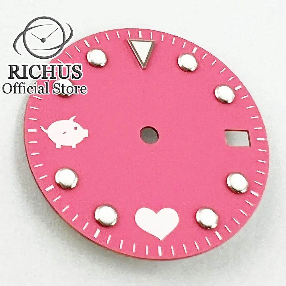 RICHUS NH35 28.5mm Green Luminous watch Dial Pink Watch face Fit NH35 Movement