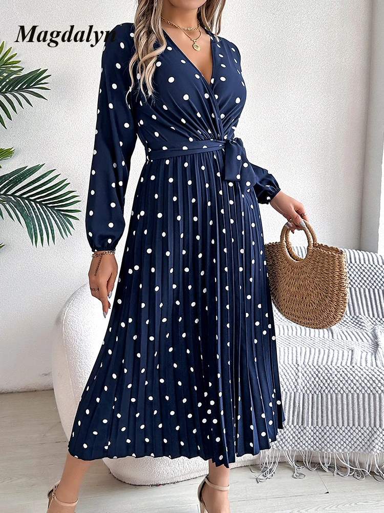 Magdalyn Women Long Dresses Fasion Polka Dot Cross V Neck Dress Elegant Party Boho Dress Casual Long Sleeve Lace Up Beach Dress