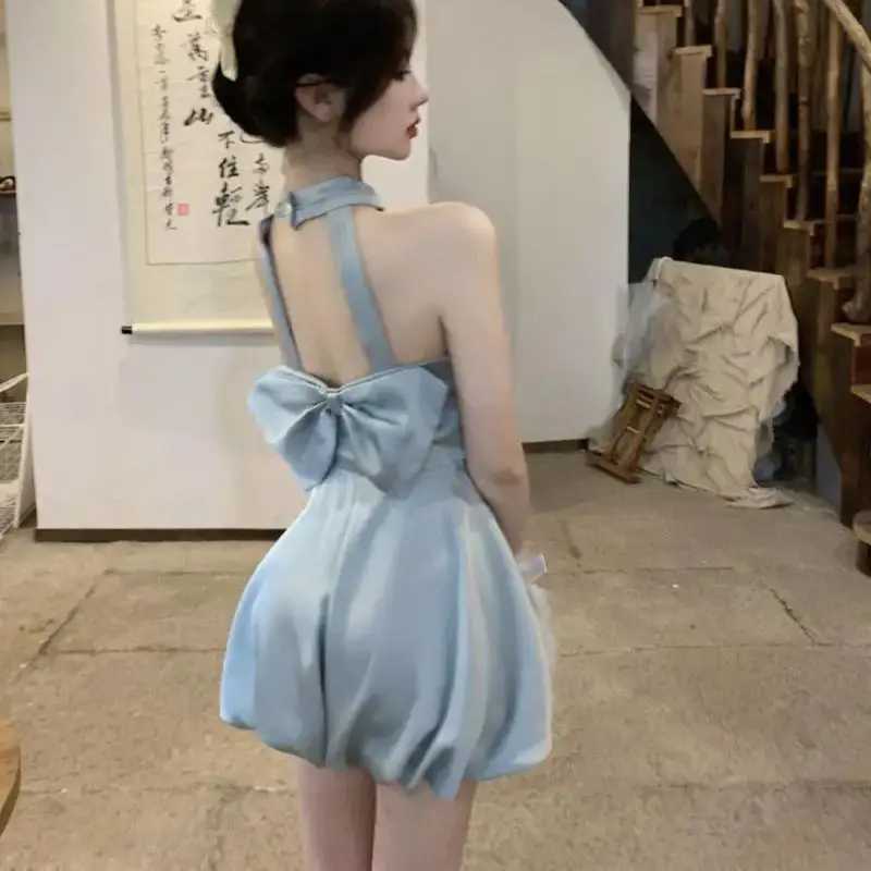 Jumpsuits Backless Bow Blue Women Sleeveless Playsuit Sexy High Waist Wide Leg Solid Rompers Ladies Sexy Fashion