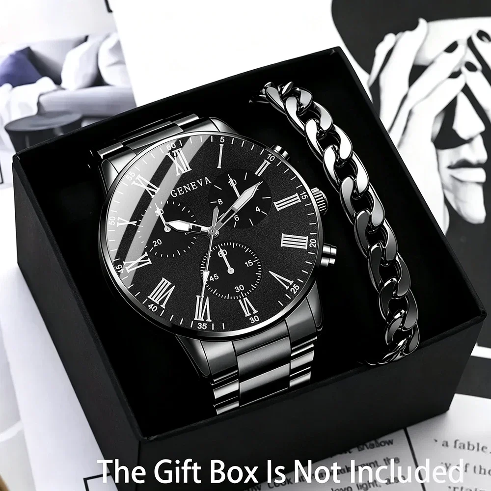 Men Geneva Roman Watch Set Silver Cuban Bracelet Chronograph Quartz Wristwatch Male Birthday Gift
