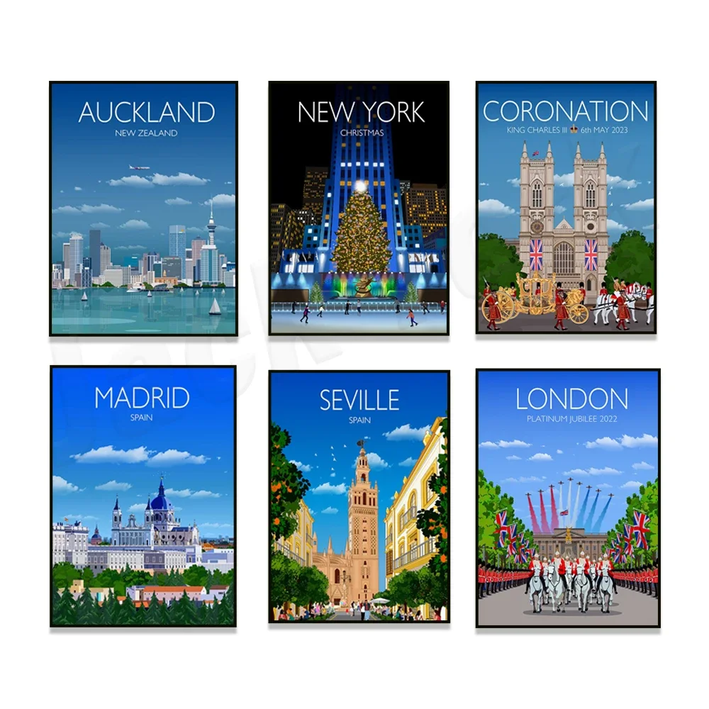 City of Seattle, New York, Seville, London UK, Cornwall, Cumbria, Auckland, St Ives, Madrid, Caribbean, Washington travel poster