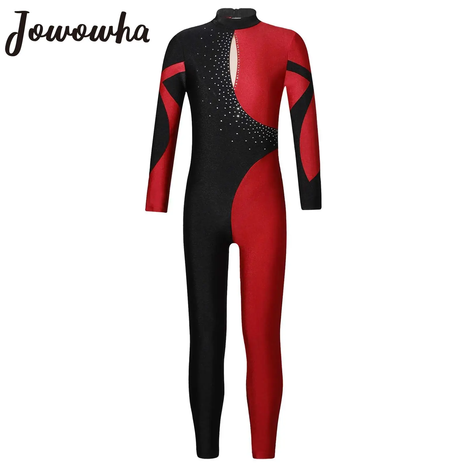 Kids Girls Gymnastics Ballet Dance Leotard Figure Skating Jumpsuit Shiny Rhinestone Long Sleeve Bodysuit Performance Dancewear