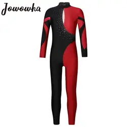 Kids Girls Gymnastics Ballet Dance Leotard Figure Skating Jumpsuit Shiny Rhinestone Long Sleeve Bodysuit Performance Dancewear