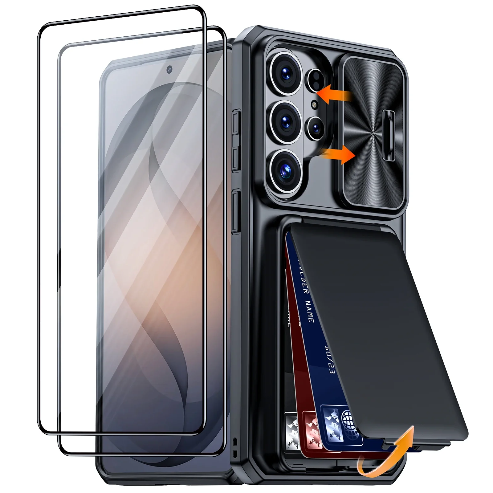 For Samsung Galaxy S26 Ultra With Card Holder Sliding Camera Cover And Stand Phone Case, Anti-Fall PC+TPU Wallet Case-Black