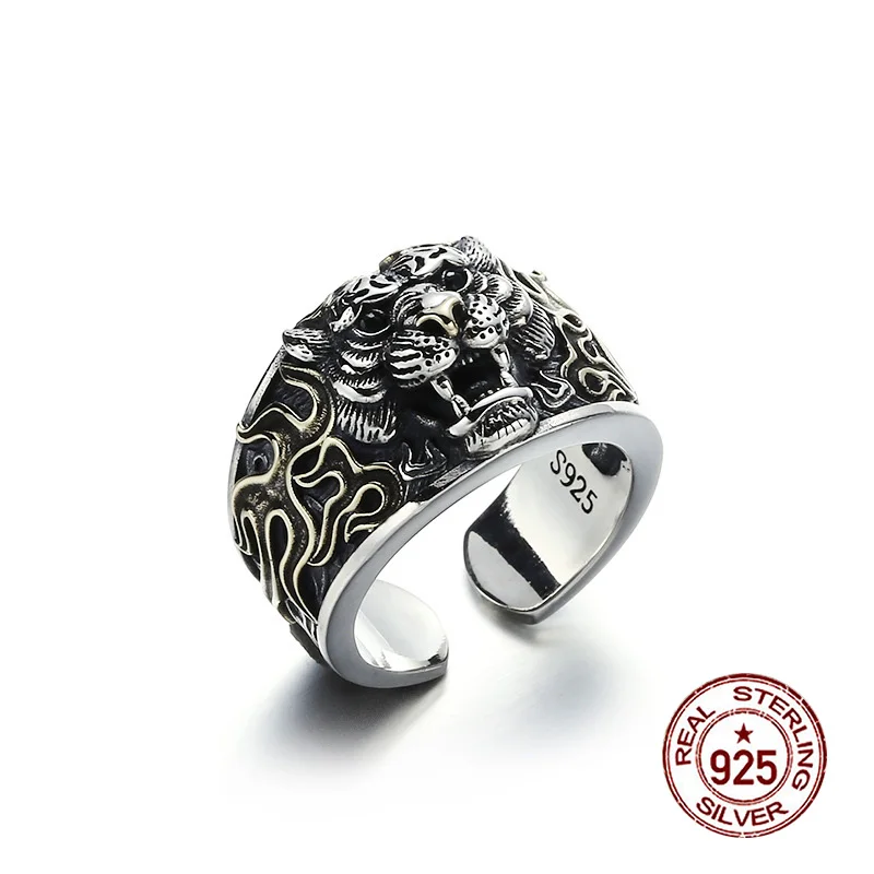 S925 Sterling Silver Ring Tiger Head Ethnic Style Ring Original Design Dominant Punk Hip Hop Fashion