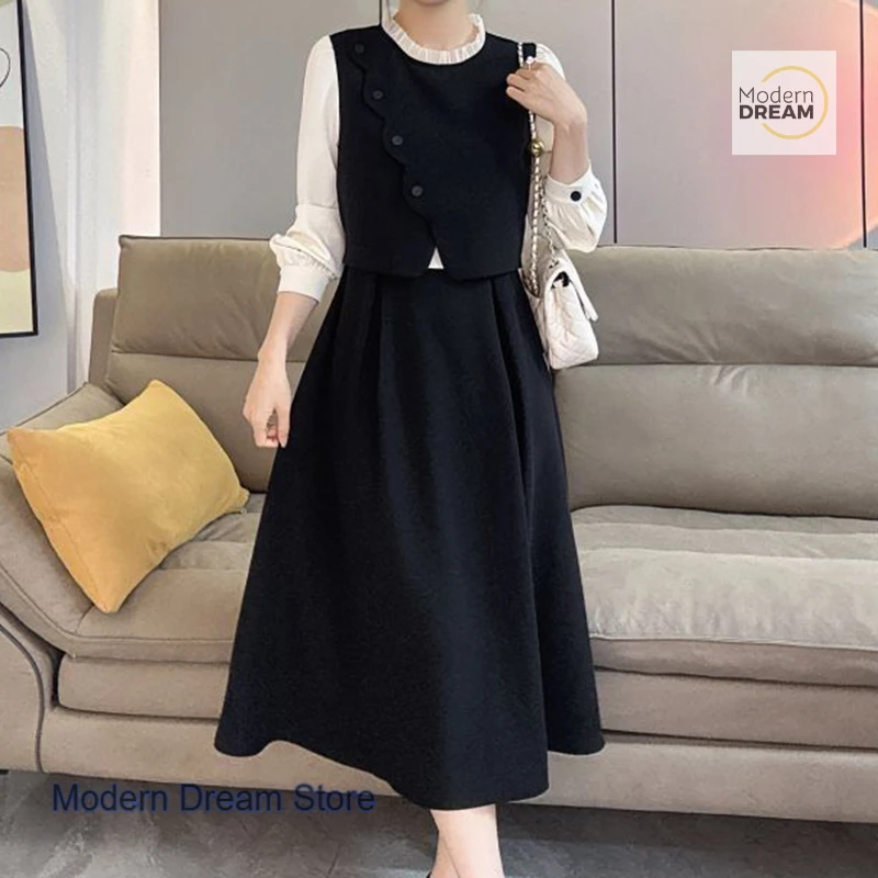 خياطة فرنسية قميص سترة وهمية قطعتين فستان المرأة الربيع والخريف حجم كبير جديد الخصر غطاء نحيف اللحوم تنورة طويلة