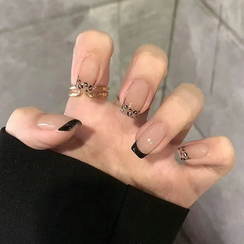 

24pcs Medium Coffin Press-On Nails - Chic Leopard Print & Black Border Design Edgy Minimalist Style (Multi-Size Fit)