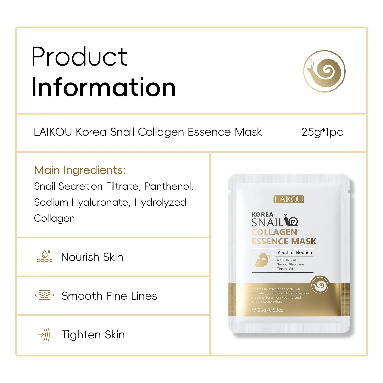 LAIKOU Snail Moisturizing Face Mask Replenishment Oil Control Tender Face Sheet Masks Facial Mask Skin Care Korean Cosmetics