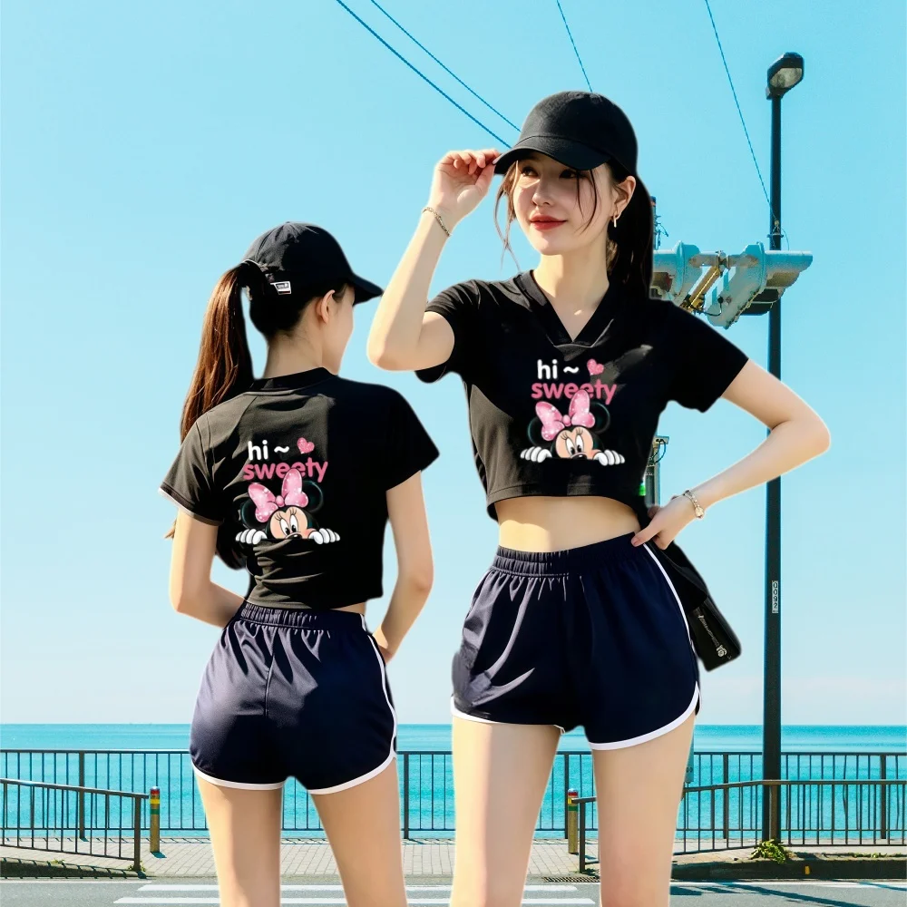 

New Women's V-Neck Color Block Short Sleeve Crop Top & High Waist Shorts Set Casual Sportswear Tracksuit