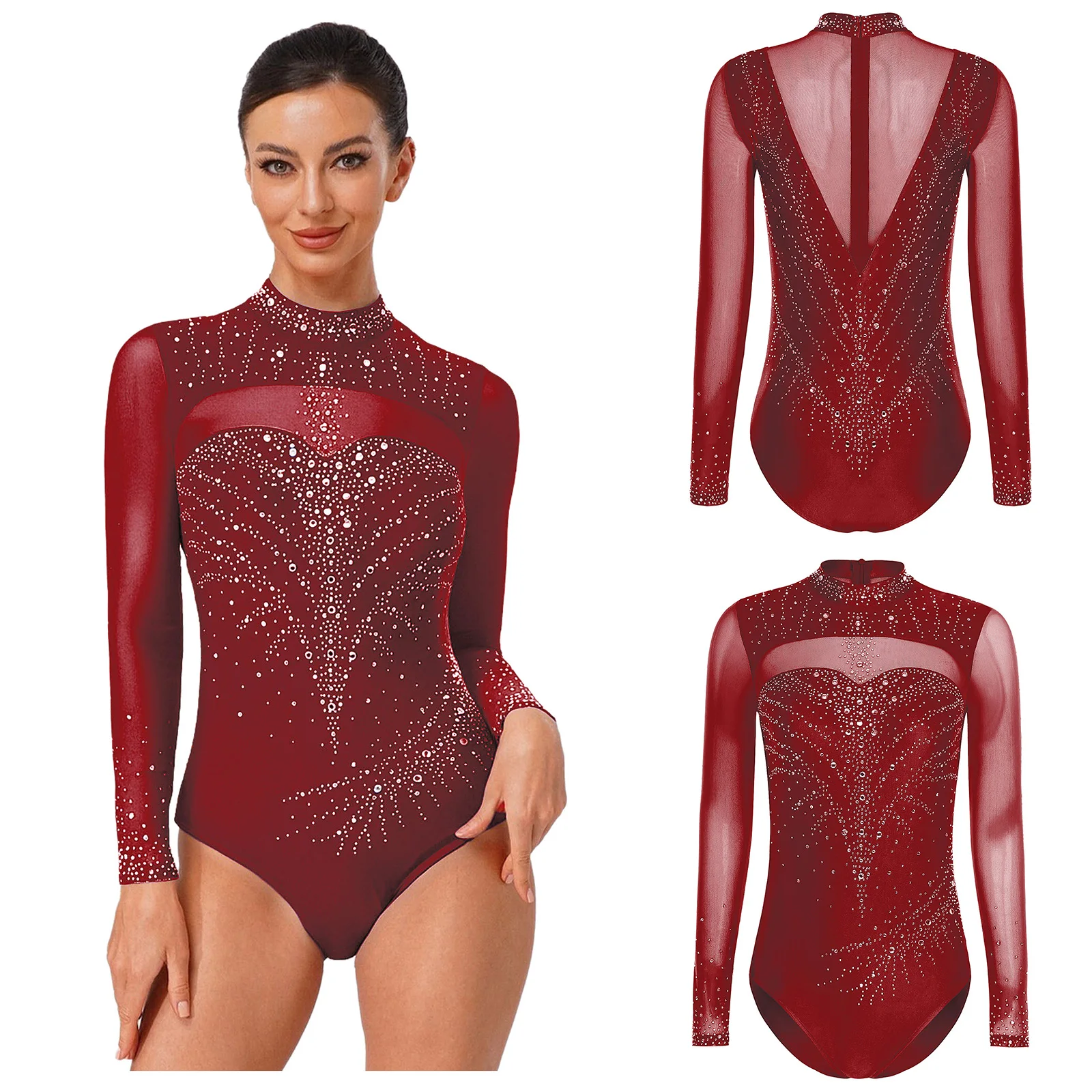 Abiti da donna per spettacoli di danza classica da sala da ballo con strass a maniche lunghe per abiti da competizione per palcoscenici di ginnastica artistica