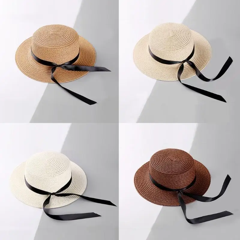 

C63C Parent-Child Summer Straw for Sun Hat UV for Protection Flat Wide Brim Bowknot B