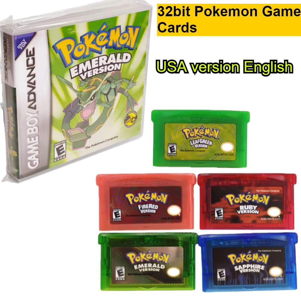 النسخة الأمريكية الإنجليزية بوكيمون 5 إصدارات GBA خرطوشة-الزمرد/الأحمر الناري/الأخضر الورقي/الياقوت 32 بت في صندوق لعبة المشجعين هدية للأطفال
