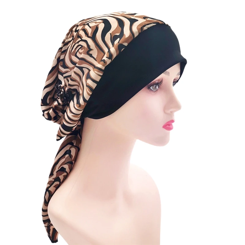 Spring Womens Muslim Hijab Cancer Chemo Print Hat Turban Cap Cover Hair Loss Head Scarf Wrap Pre-Tied Headwear Strech Bandana