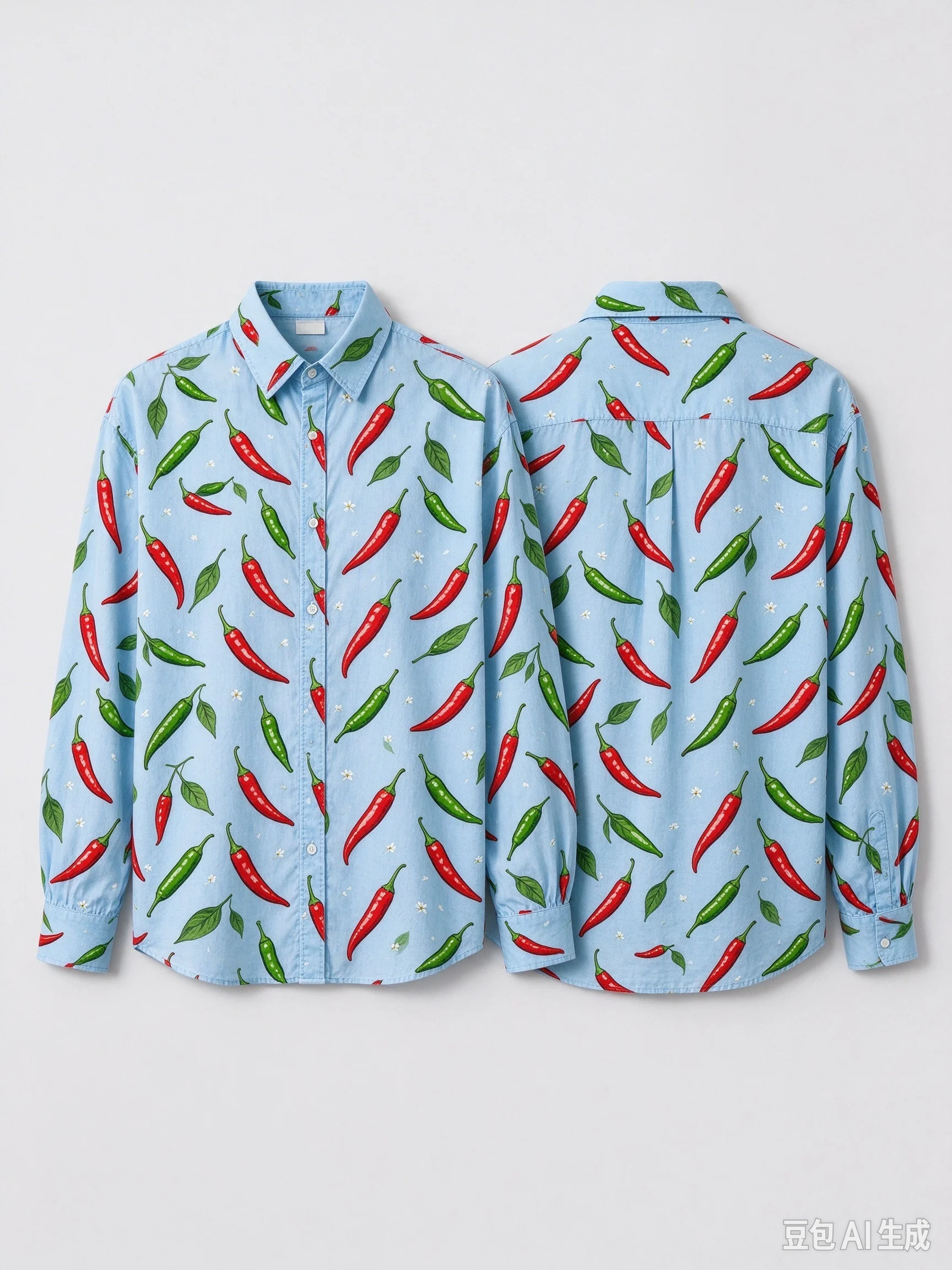 Unisex All Over Chili Pepper Print Long Sleeve Shirt, Loose Button Down Shirt with Front & Back Pattern for Men Women Funny Casu