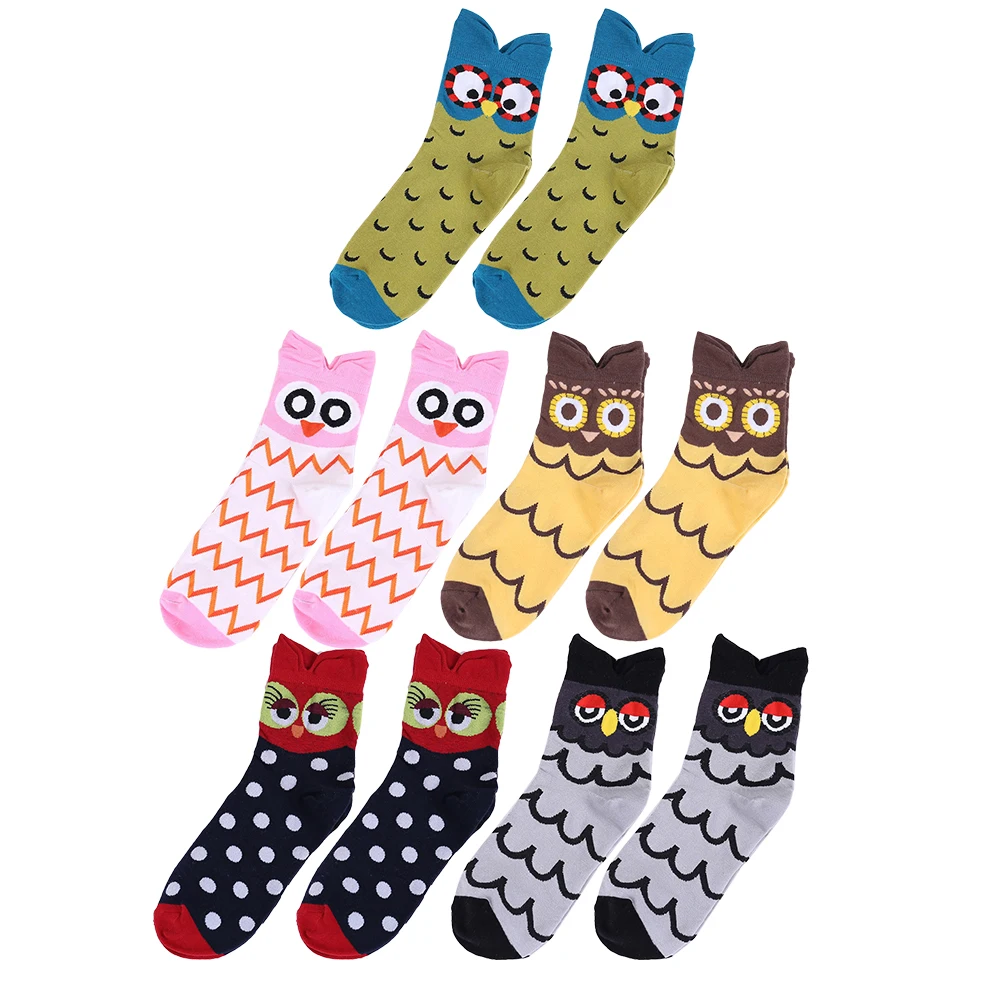 

5pcs 5 Pairs Premium Cotton Mid Tube Socks Ladies Breathable Owl Pattern Socks For Casual School Wear