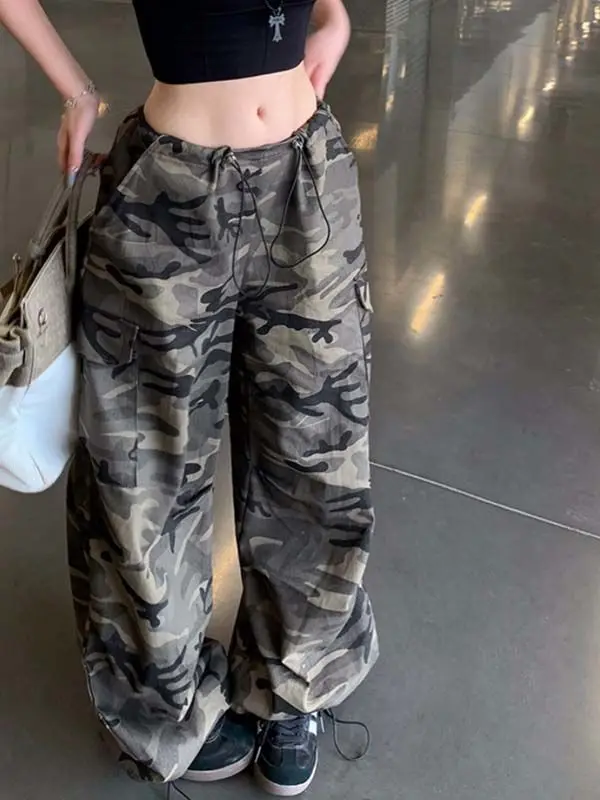 ريترو الرباط تصميم عارضة السراويل النسائية انفجار فضفاضة ورقيقة التمويه وزرة رياضية الشارع السراويل متعددة الاستخدامات