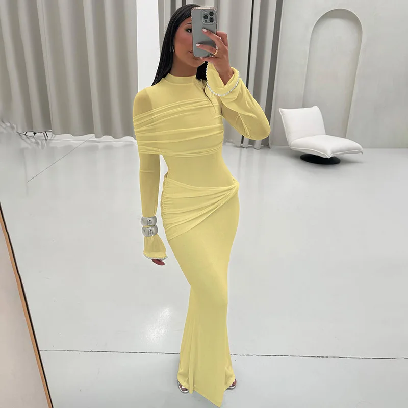 Femmes élégantes maille transparente Patchwork froncé moulante Maxi Robe de soirée col rond perles manches évasées sirène Robe de soirée longue Robe