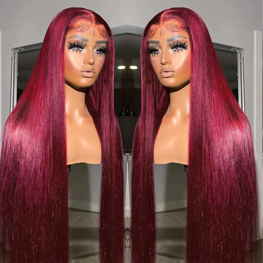 Perruque Lace Front Wig sans colle naturelle, cheveux lisses, rouge bordeaux 99J, 13x6, avec closure transparente, pour femmes