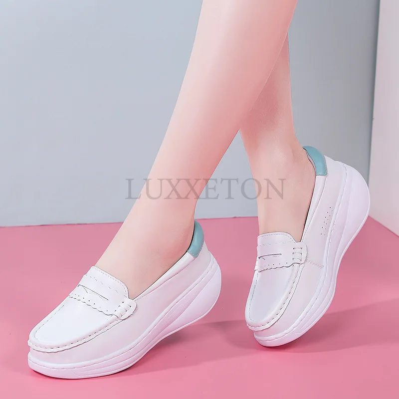 White Genuine Leather Loafers Women Nurse Shoes Round Toe Slip on Thick Flats Breathable Soft Cowhide Thick Bottom Flats