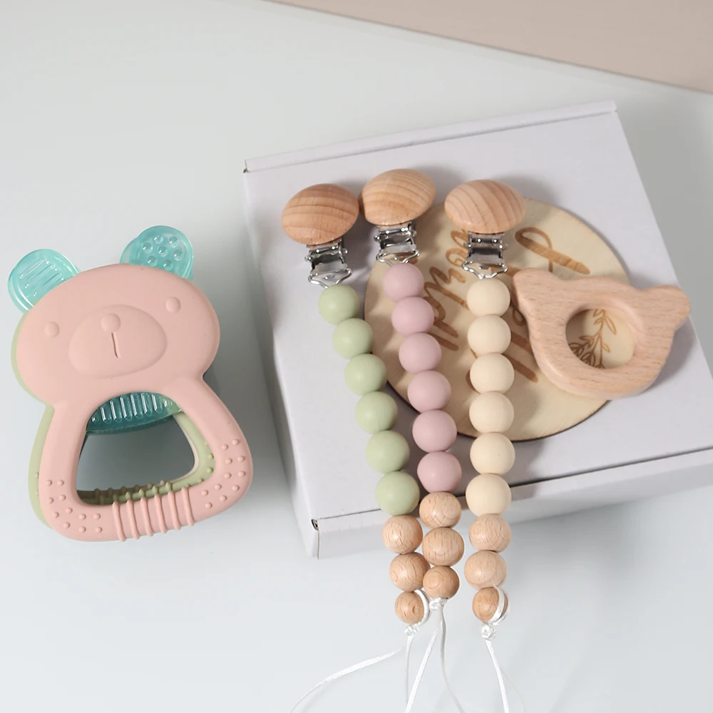 newborn gift set silicone teething bear toy soothing toy dummy clip milestone gift box essentials view 5