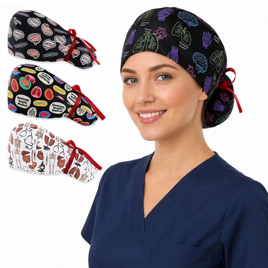 

Nurse Cap Adjustable Long Hair 4Seas Sweat Towel Breathable Body Organs Print Nurse Dentist Pet Doctor Kitchen Gift