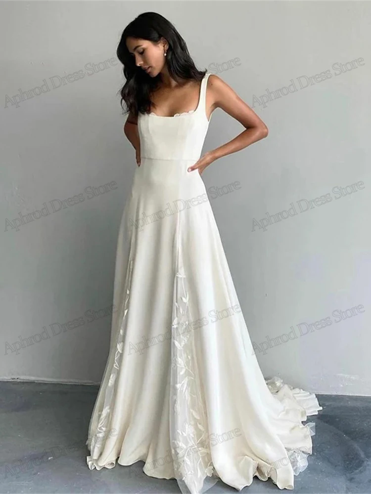 Vestidos De Novia elegantes De satén, Vestidos De Novia De línea a, Apliques De encaje, batas De cuello cuadrado para fiesta Formal, Vestidos elegantes De Novia