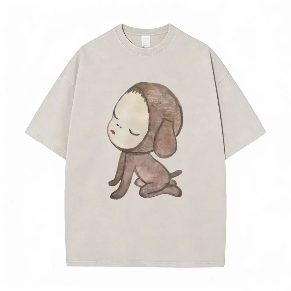 Washed Vintage Yoshitomo Nara Slash with A Knite T Shirt Men Women Casual Cotton T-shirts Men's Funny Oversized Tops Streetwear