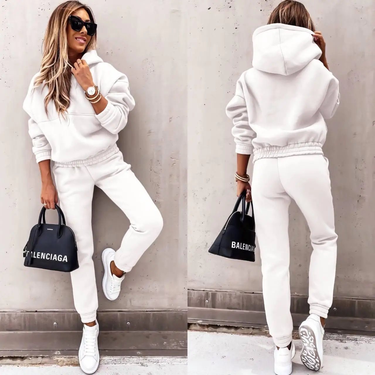 Hoodies Suit Autumn Winter Solid Casual Tracksuit Women Fleece 2 Pieces Set Sports Sweatshirts Pullover Jogger Sweatpants Outfit